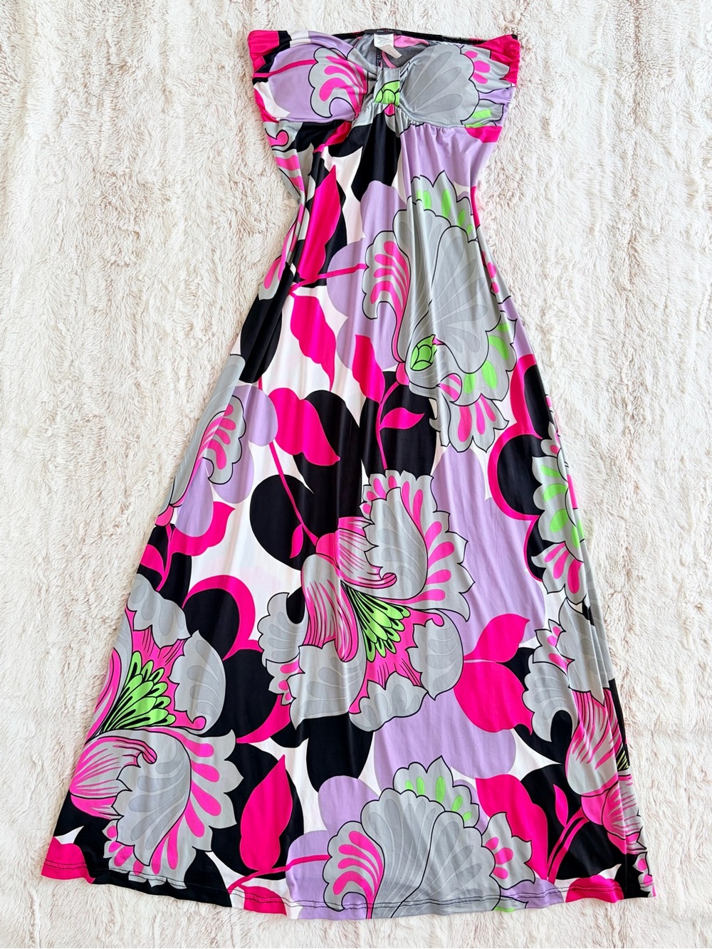 Vintage Y2K Floral Strapless Maxi Dress Pink Boho Tropical Resort Dopamine